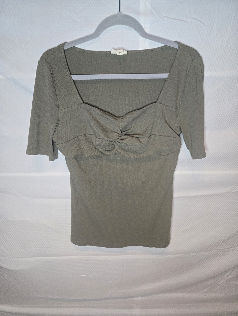 Square-Neck Knot Front Women’s Ribbed Top - Olive Green